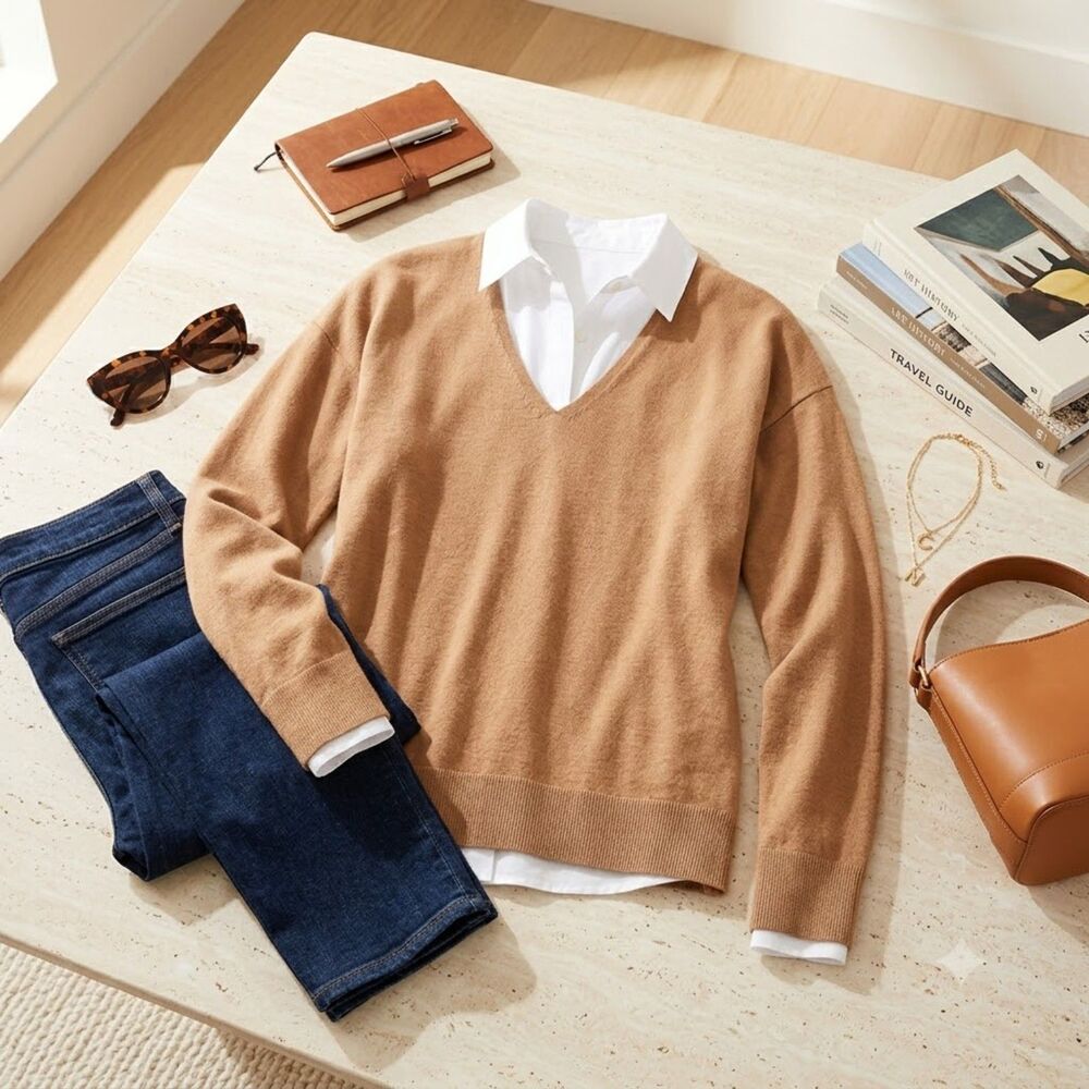 Prologue Caramel Brown Super Soft Deep V-Neck Knit Sweater Womens Size XS